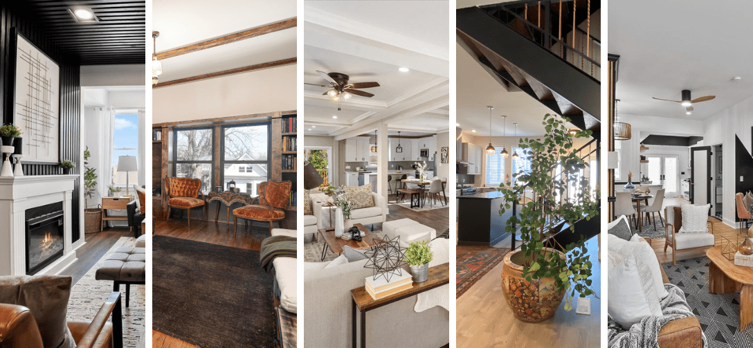 Hero Image: 3206 Piedmont Avenue living room; 3502 Woodbrook Avenue bedroom; 6105 Marietta Avenue living room; 3504 Woodbrook Avenue kitchen; 2025 E. Preston Street living room